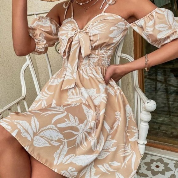 Tropical Leaf  Cold Shoulder Detailed Tie Front Shirred Mini Dress Tan - Picture 2 of 7